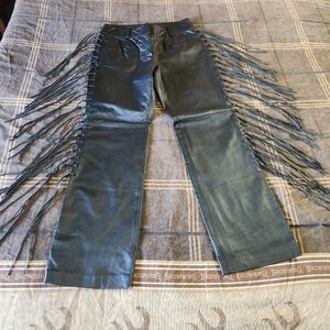 Vintage TOGETHER Black Leather Fringe Pants Size 10 Rare Biker Rocker Rockabilly